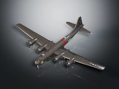 Dark Airplane Model with Four Propellers US Insignia Red Stripe on Gray Background 3d model