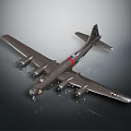 Dark Airplane Model with Four Propellers US Insignia Red Stripe on Gray Background