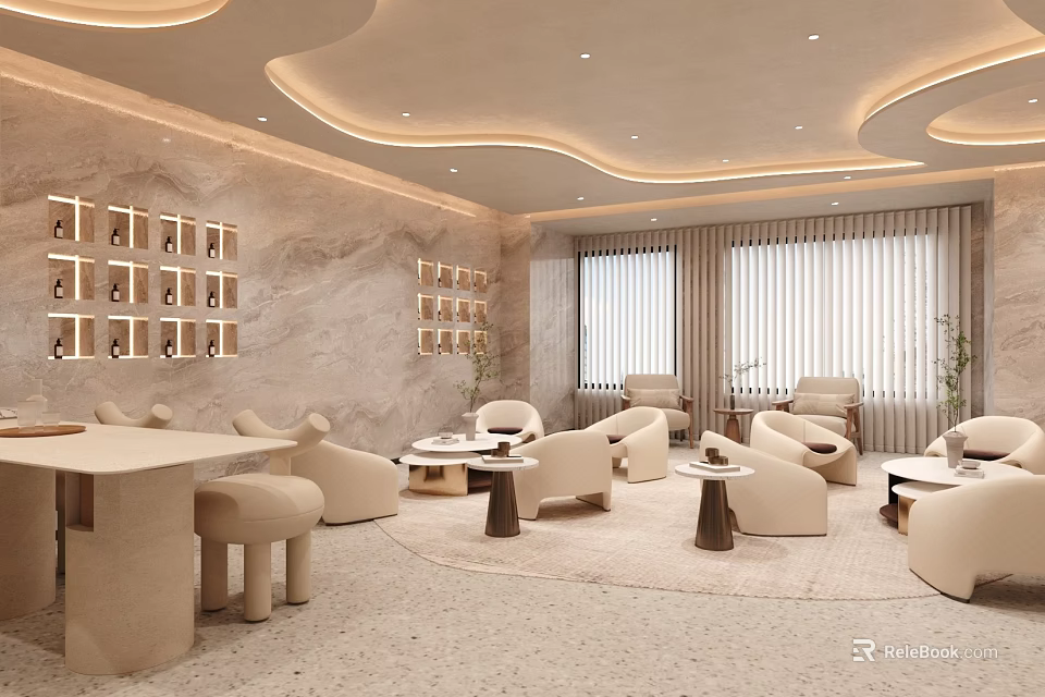 Modern Beauty Hair Salon Interior With Comfortable Seating Decorative Walls And Soft Lighting Design 3d model 
