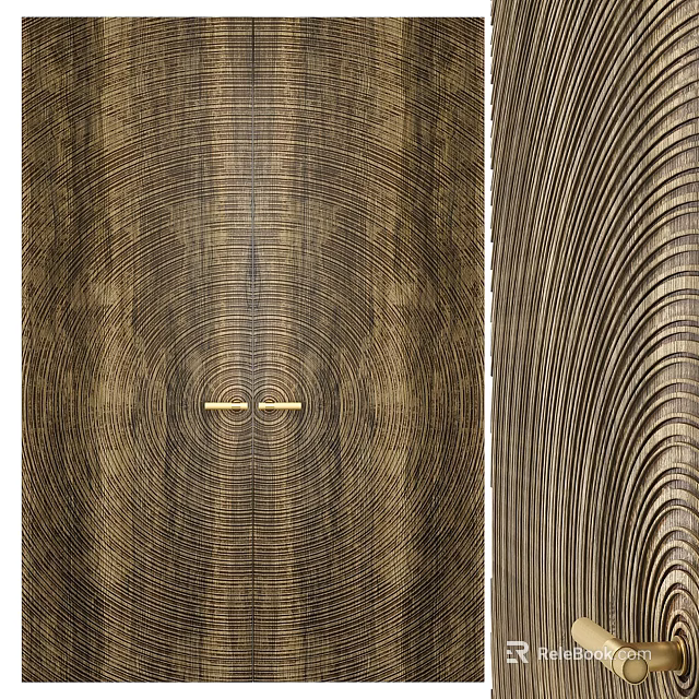 Modern Double Doors With Wood Grain Texture And Brass Handle Details 3d model 