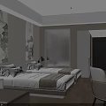 Modern Hotel Guest Room With Twin Beds City View Flat Screen TV And Wall Art