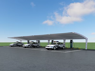 Electric Vehicle Charging Station With Canopy And Multiple White Cars Charging 3d model