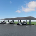 Electric Vehicle Charging Station With Canopy And Multiple White Cars Charging