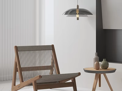Modern Leisure Chair With Wooden Frame Woven Design Side Table Vases And Pendant Light 3d model