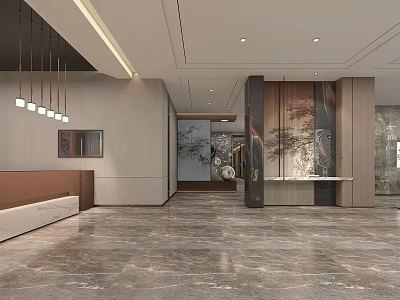 Modern Hotel Lobby Interior With Marble Floor Hanging Pendant Lights Front Desk And Decorative Paintings 3d model