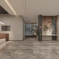 Modern Hotel Lobby Interior With Marble Floor Hanging Pendant Lights Front Desk And Decorative Paintings