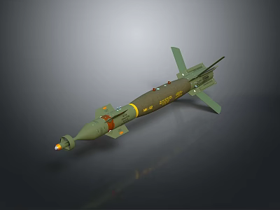 Green Military Missile With Rear Fins And Front Flame Propulsion System 3d model