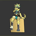 3D Mythical Creature Character Sitting On Yellow Cube With Black Yellow Fur And Crown Headpiece