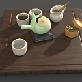 Traditional Tea Set with Green Teapot White Cups Tea Pitcher and Wooden Tray