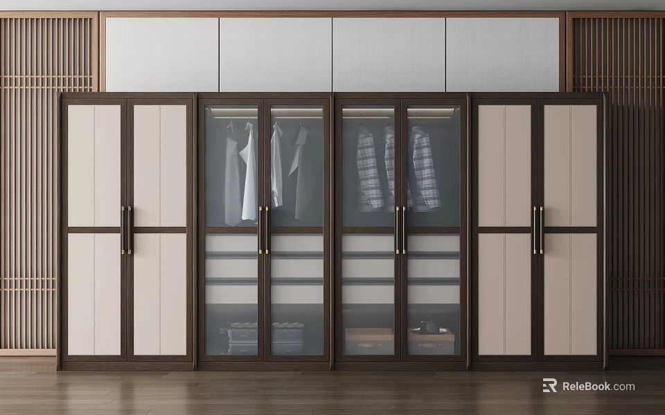 Modern Wooden Wardrobe With Glass Doors Brown Beige Storage And Hanging Space 3d model 