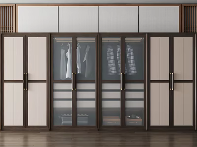 Modern Wooden Wardrobe With Glass Doors Brown Beige Storage And Hanging Space 3d model