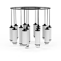 Modern Chandelier With Cylindrical White Lampshades And Black Metal Frame