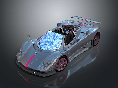 Silver Open Top Supercar With Pink Stripes Red Rims And Sporty Design 3d model