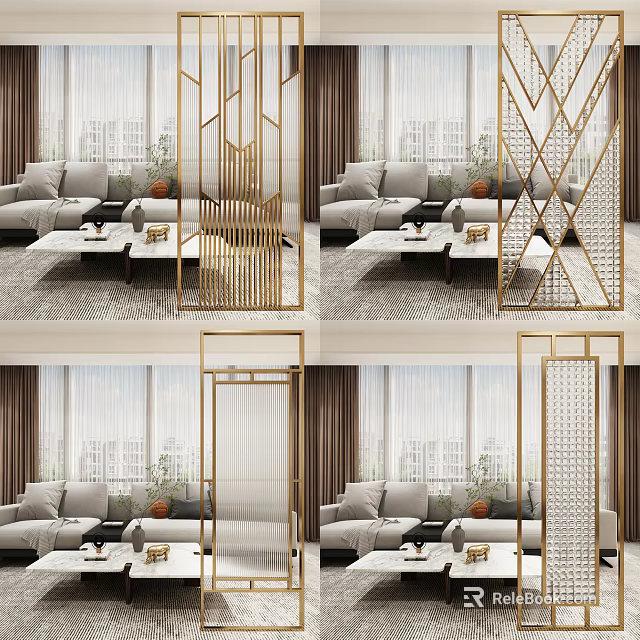 Modern Living Room With Gold Geometric Metal Room Divider And Decorative Elements 3d model 
