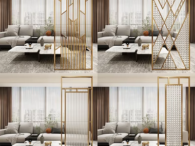 Modern Living Room With Gold Geometric Metal Room Divider And Decorative Elements 3d model