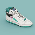 White High Top Sneakers With Green Collar Pink Logo And Perforated Design Details