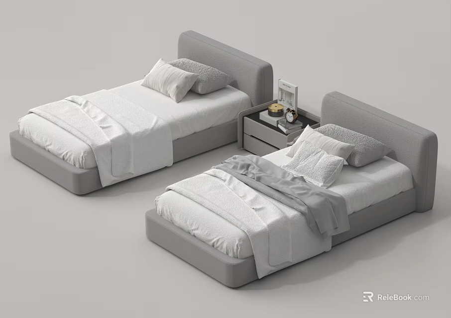 Modern Single Beds with Gray Headboards White Sheets and Bedside Tables Featuring Photo Frame 3d model 