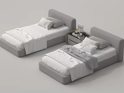 Modern Single Beds with Gray Headboards White Sheets and Bedside Tables Featuring Photo Frame 3d model