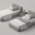 Modern Single Beds with Gray Headboards White Sheets and Bedside Tables Featuring Photo Frame 3d model