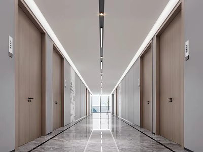 Modern Office Corridor With Wooden Doors Linear Ceiling Lighting And Marble Floor 3d model