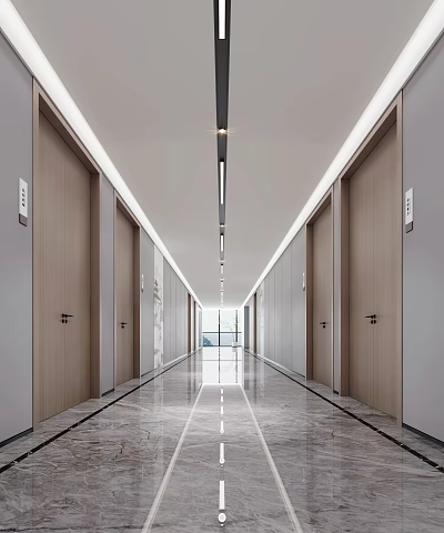 Modern Office Corridor With Wooden Doors Linear Ceiling Lighting And Marble Floor 3d model