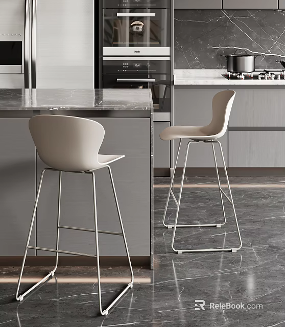 Modern Light Gray Bar Stools With Metal Legs In Kitchen Counter Setting 3d model 