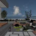 Modern Rooftop Garden With Green Plants Wooden Deck Stone Pathway Seating Water Feature Lantern Lights