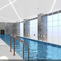 Elegant Indoor Swimming Pool With Large Windows City Night View Loungers And Marble Walls