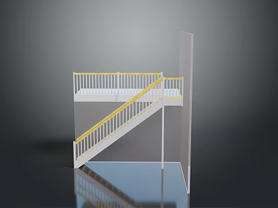 Modern Staircase Design With White Steps Yellow Handrail Gray Wall And Reflective Floor 3d model