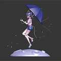Horned Purple Hair Character Holding Blue Umbrella On White Circular Base With Floating Pink Petals