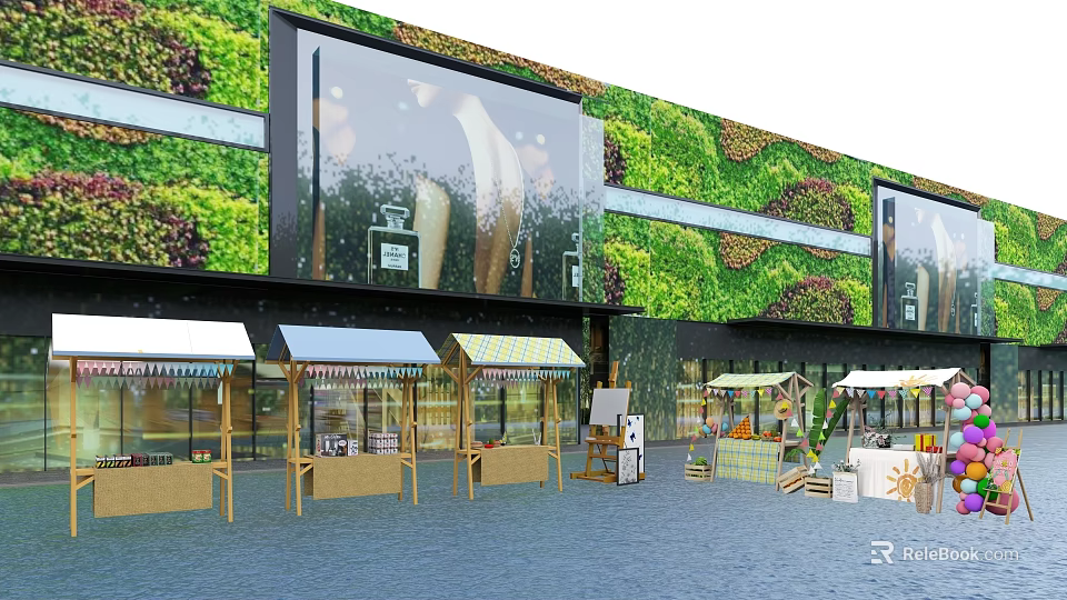 Green Plant Wall Building Featuring Outdoor Stalls With Colorful Awnings On Paved Ground 3d model 
