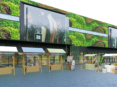 Green Plant Wall Building Featuring Outdoor Stalls With Colorful Awnings On Paved Ground 3d model