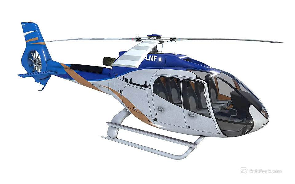 Modern Blue And White Helicopter With Rotors Cockpit Windows And Fuselage Design 3d model 