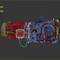 Blue Industrial Gear Motor With Yellow Warning Label And Connected Cable