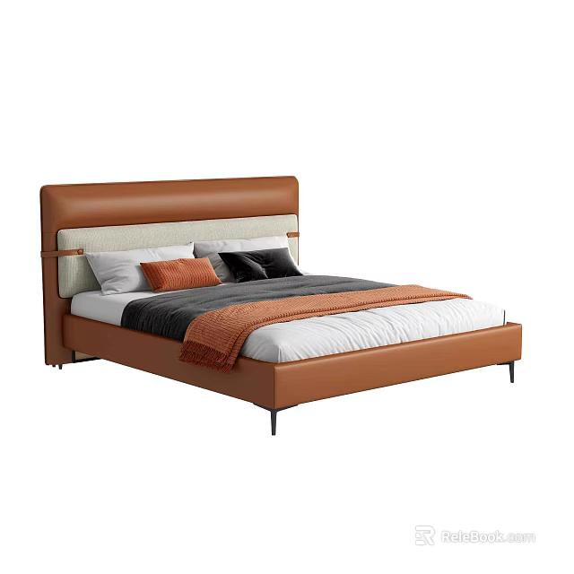 Modern Double Bed with Brown Leather Headboard White Sheets Gray Throw Blanket and Pillows 3d model