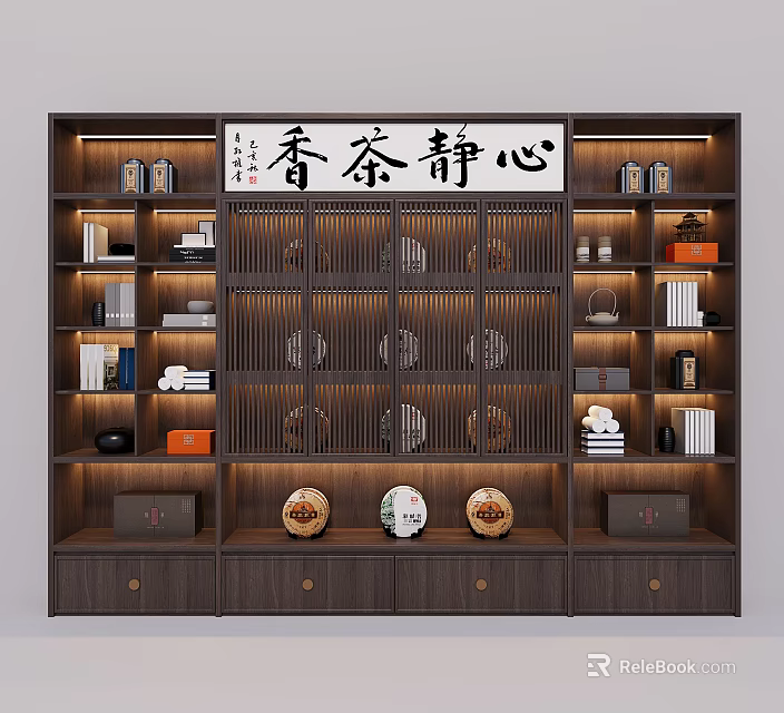 Chinese Wooden Storage Cabinet Shelf with Tea Sets Books Decorations and Plaque for Tea Room 3d model 
