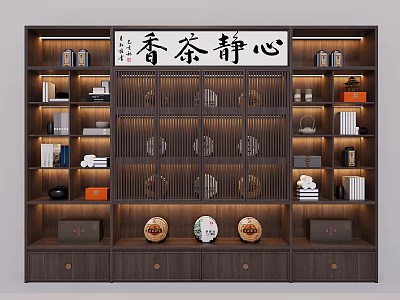Chinese Wooden Storage Cabinet Shelf with Tea Sets Books Decorations and Plaque for Tea Room 3d model