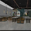 Modern Restaurant Interior With Neon Sign Hanging Lights Bar Counter Green Plants White Stools