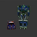 Blue Robot Figure Standing Next to Blue Police Car Toy Model