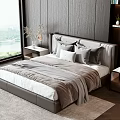Modern Double Bed Interior With Gray Headboard Pillows Blanket Nightstands And Window View 3d model