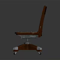 Classic Wooden Office Chair With Vertical Slat Backrest Green Fabric Cushion And Metal Wheeled Base