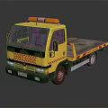 Yellow Tow Truck With Warning Lights On Roof And Flatbed Structure