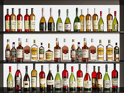 Various Wine Bottles Arranged On Three Rows Of Shelves With Different Colors And Labels 3d model
