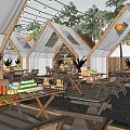 Outdoor Garden Landscape With Tent Like Canopies Wooden Tables Palm Trees And String Lights