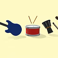 Assorted Musical Instruments Collection with Violin Red Drum Blue Guitar and Drumsticks