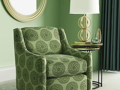 Green Patterned Accent Chair in Light Green Room with Gold Round Mirror and Table Lamp 3d model