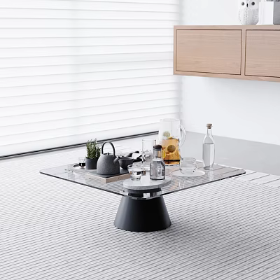 Contemporary Glass Coffee Table With Teapot Lemon Pitcher Potted Plant Blinds And Wooden Cabinets 3d model