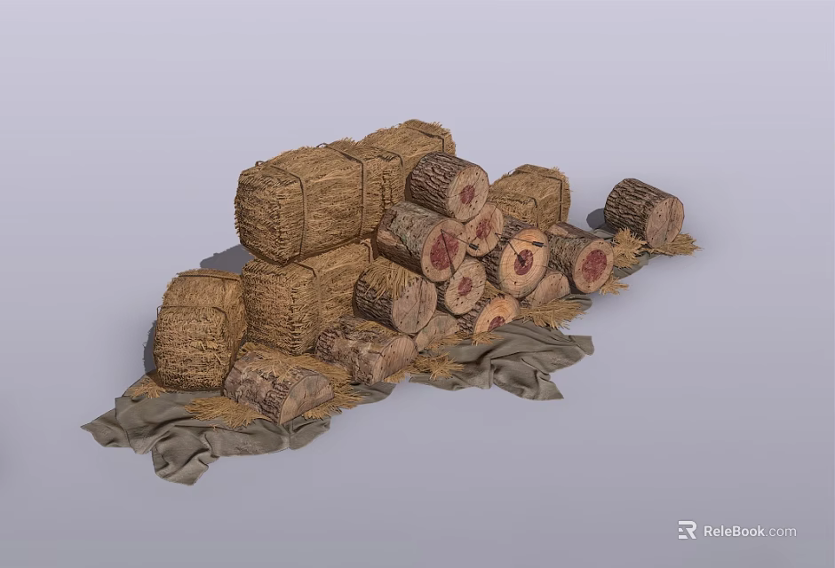 Rustic Decorative Ornament Arrangement With Hay Bales Logs And Natural Fabric 3d model 