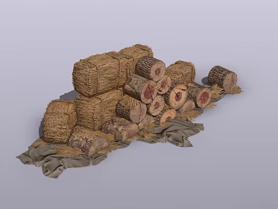 Rustic Decorative Ornament Arrangement With Hay Bales Logs And Natural Fabric 3d model