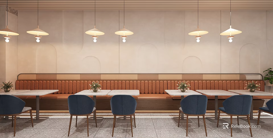 Modern Restaurant Interior With Banquette Seating Blue Chairs And Hanging Pendant Lights 3d model 